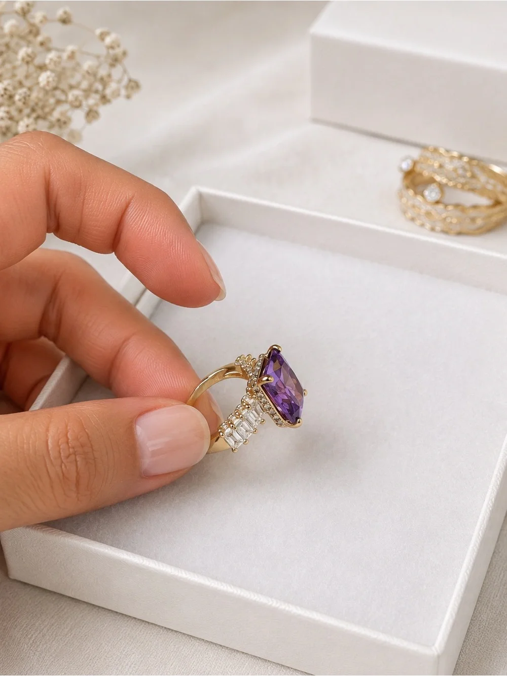 Brazilian Gold Purple Emerald-Cut CZ Statement Ring